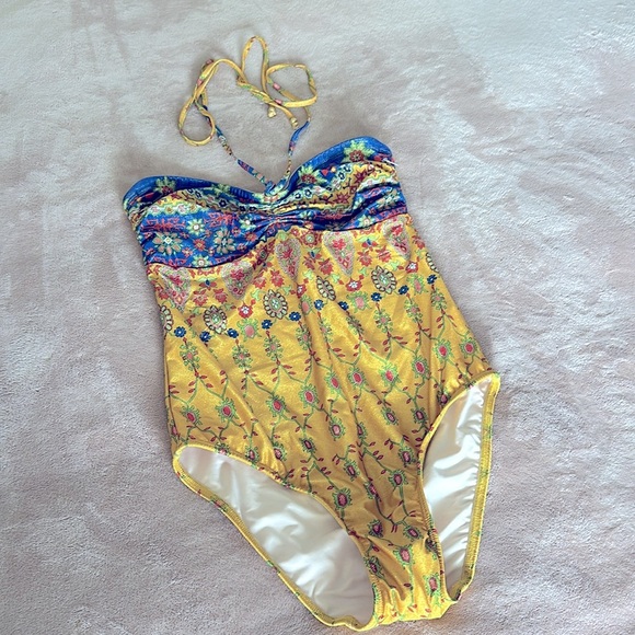 Shoshanna YELLOW MULTI CINCHED ONE PIECE Colorful Strapless Swimsuit 8 NEW $250! - Picture 4 of 14